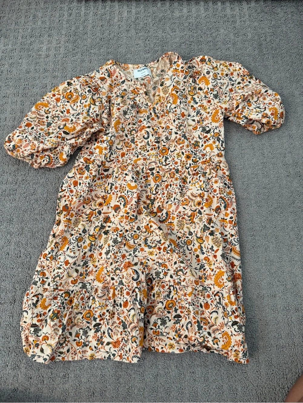 Kids Floral Puff-Sleeve One-Piece Dress - Cream & Mustard